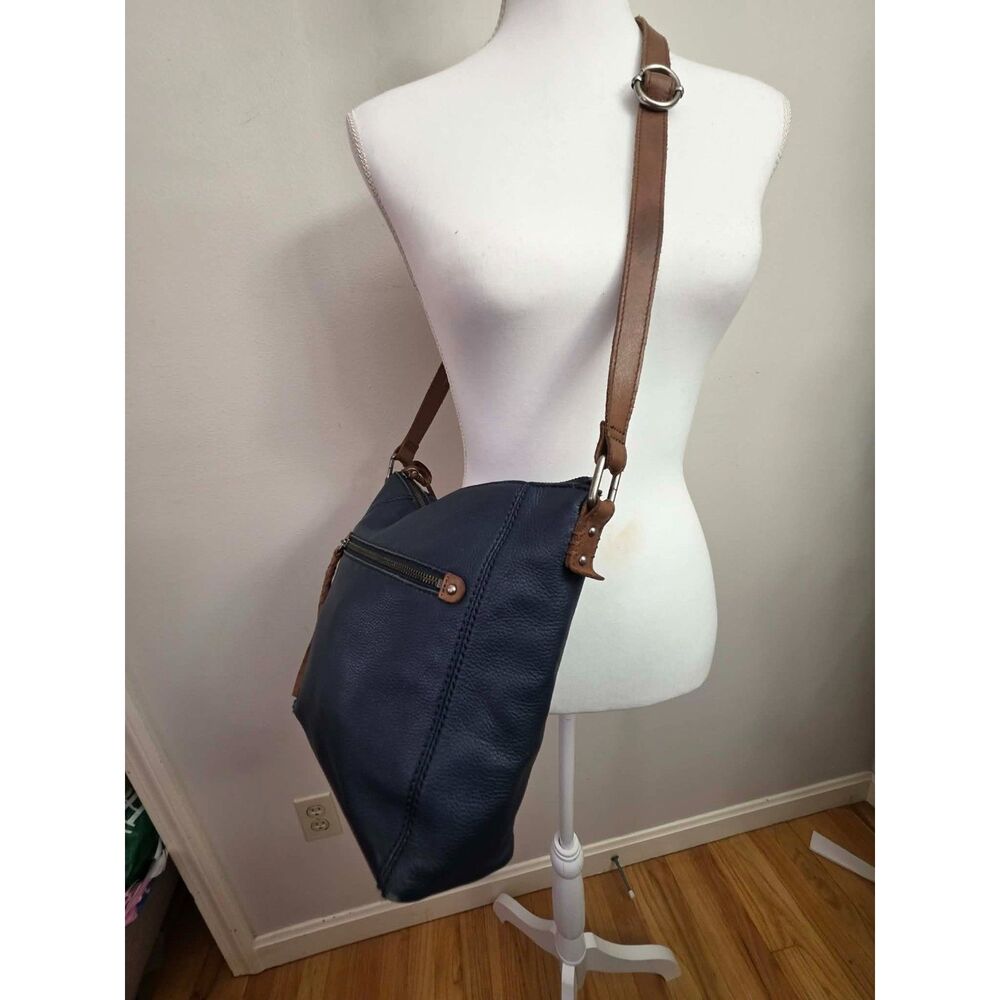 The Sak Navy Blue Leather Crossbody Bag Brown Leather Trim Boho Shoulder Purse